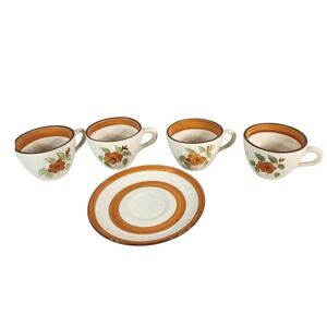 Stangl Bitter Sweet Tea Cup Saucer Set Orange Floral Hand Painted Vintage 5pc